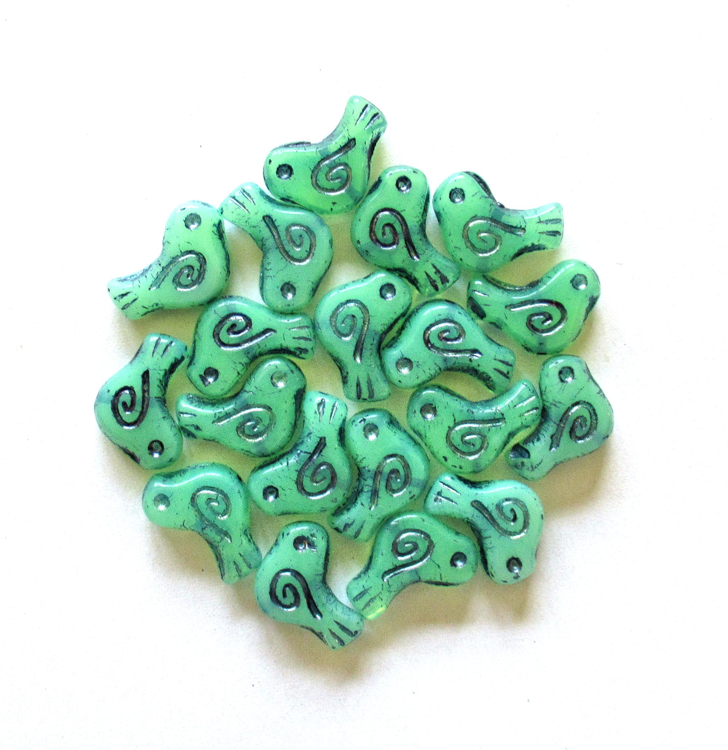 8 Czech glass bird beads - 12 x 16mm - translucent green opal with a blue wash - Vaseline / uranium glass beads C0621