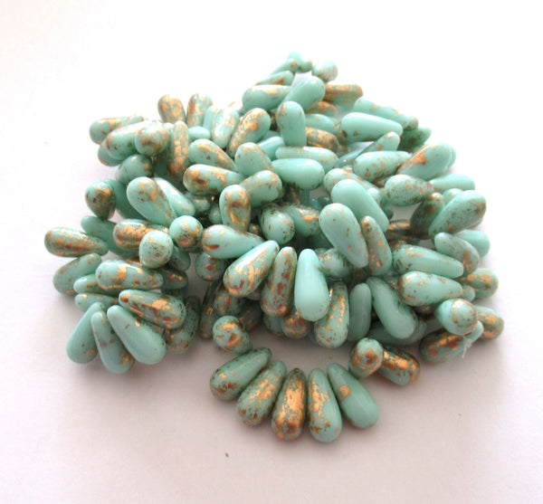 25 Czech glass drop beads - opaque mint green beads with splotchy gold accents - smooth teardrop beads - 13 x 6mm - C00051