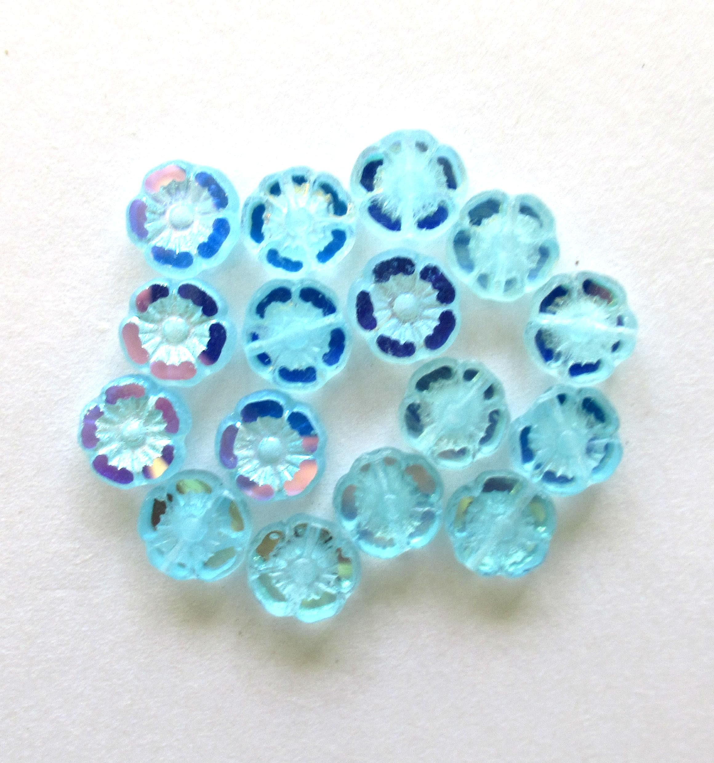 16 Czech glass flower beads - 9mm - aqua blue with a mirror ab finish - table cut & carved Hawaiian hibiscus floral beads C00012