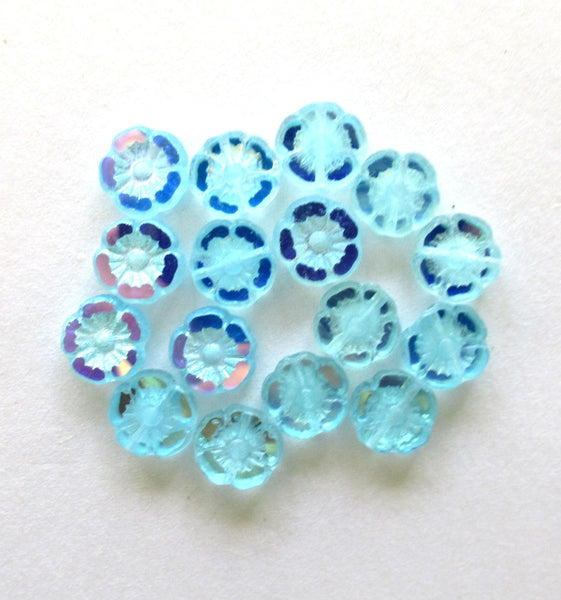 16 Czech glass flower beads - 9mm - aqua blue with a mirror ab finish - table cut & carved Hawaiian hibiscus floral beads C00012