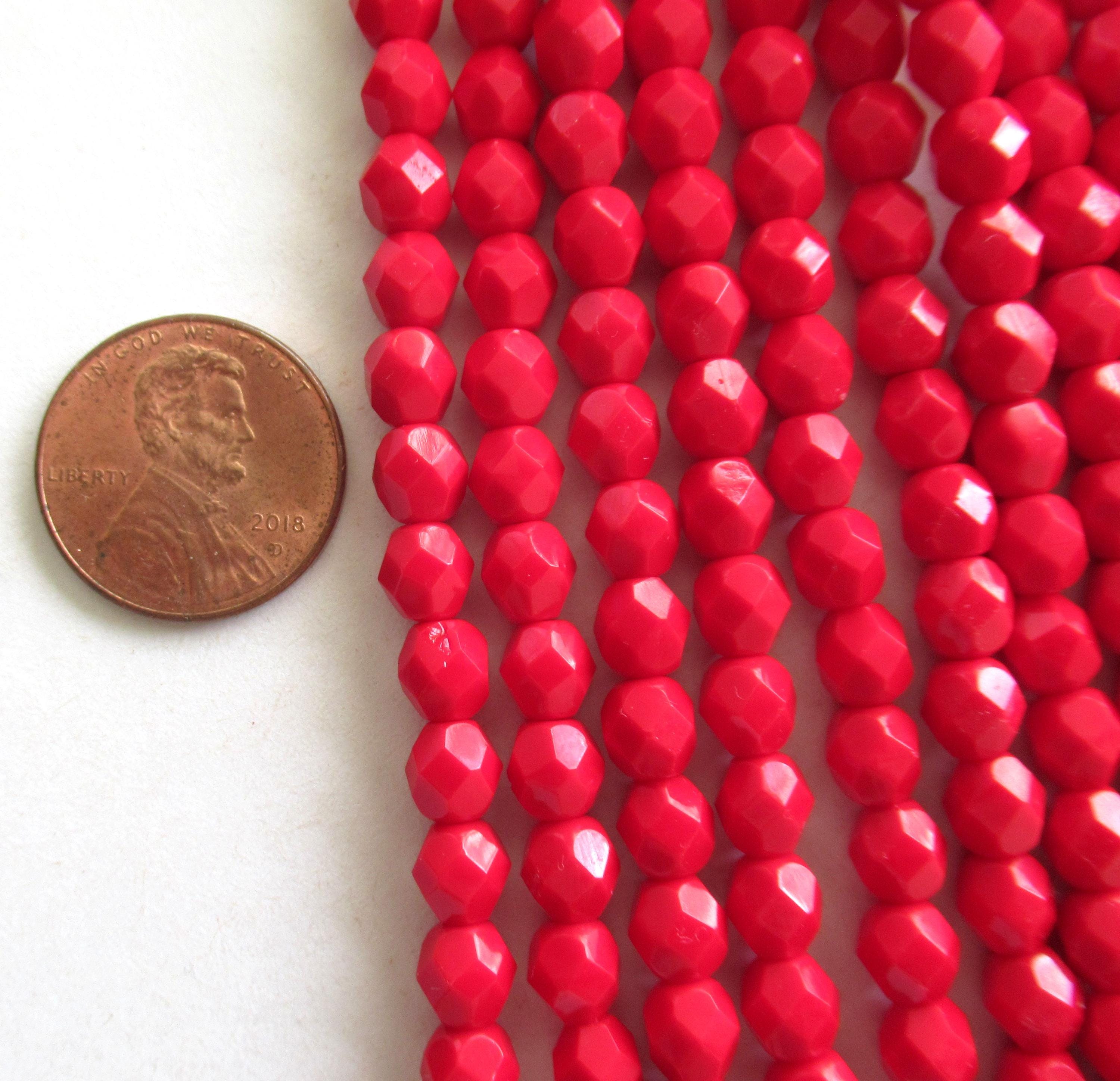 25 6mm Czech glass faceted round beads - opaque deep red beads - fire polished beads - C0055