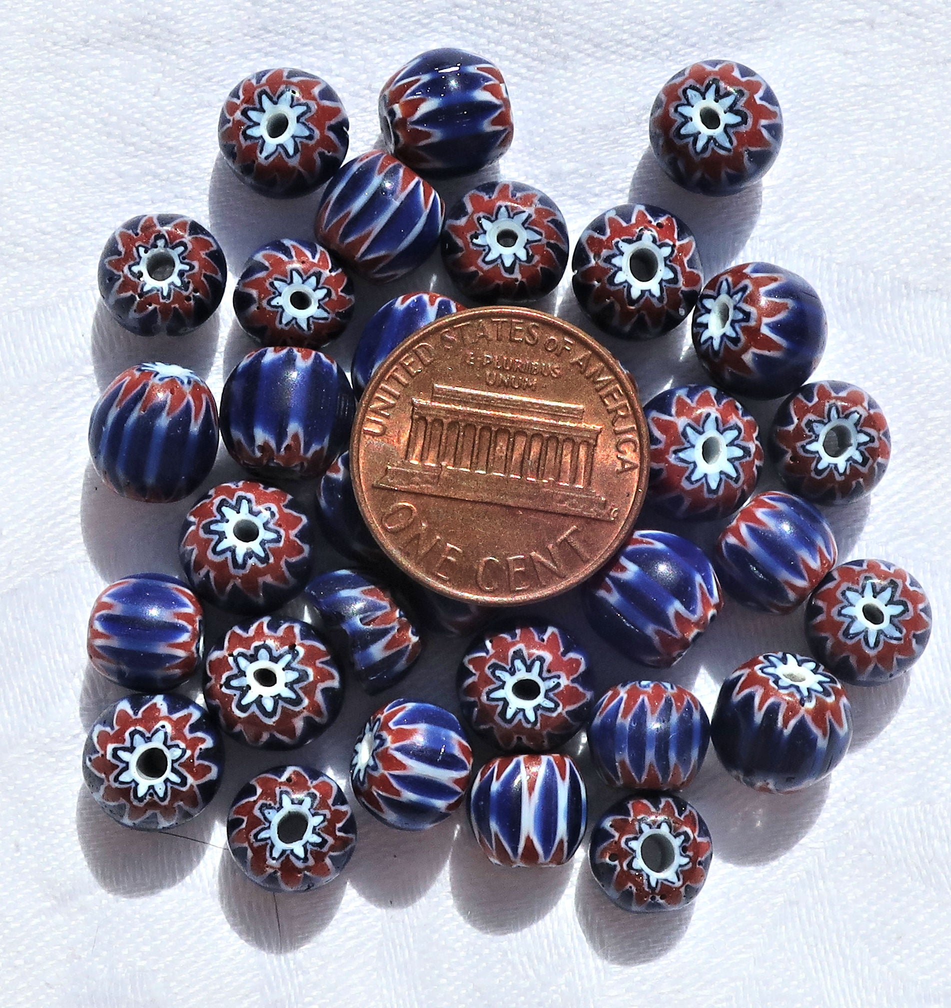 Lot of 15 blue, white and red striped chevron glass Beads 7 x 8mm big hole beads C7401