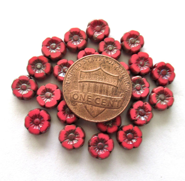 Twelve small 7mm Czech glass flower beads - opaque coral red w/ picasso accents - table cut carved Hawaiian hibiscus flower beads C00051