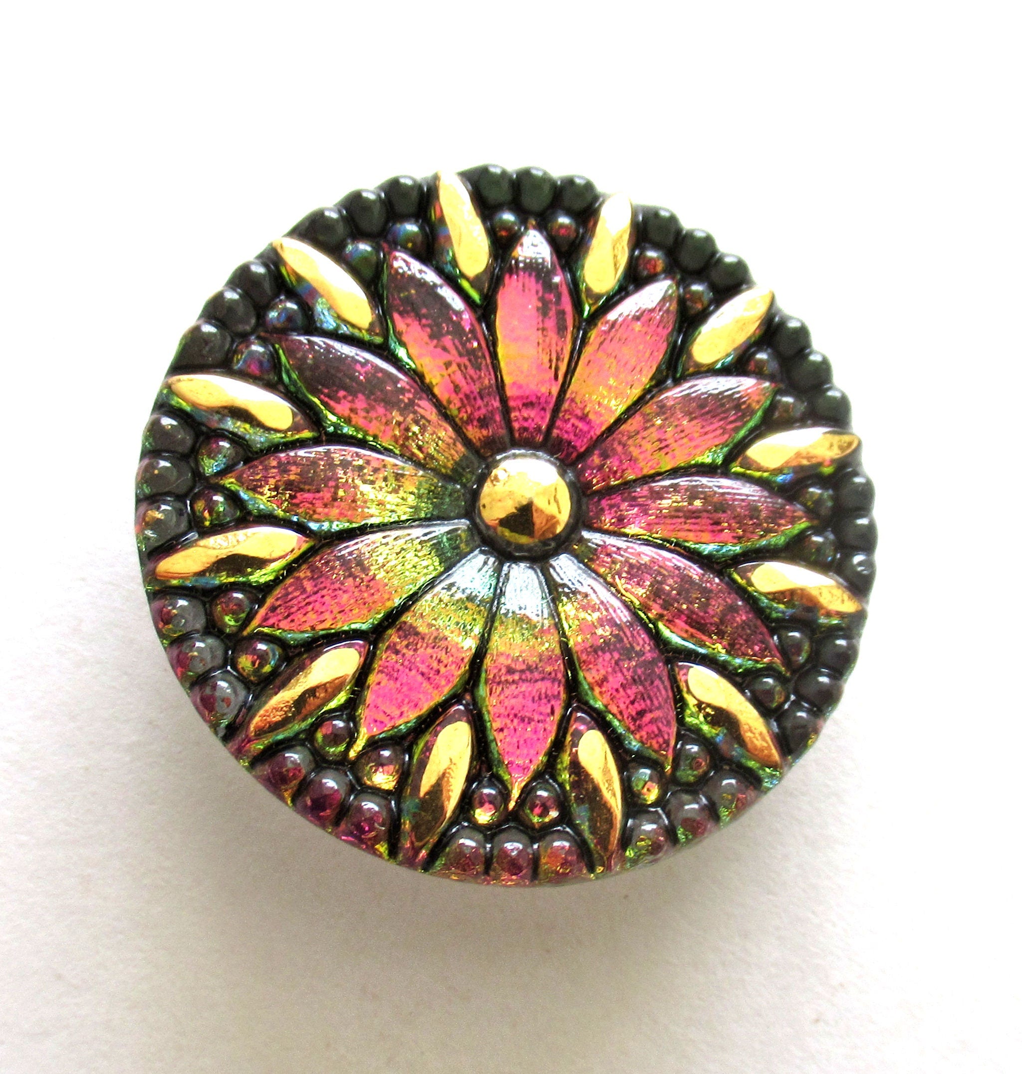 One 30mm Czech glass daisy flower button - iridescent pink yellow / orange button with gold accents - floral decorative shank buttons 00163