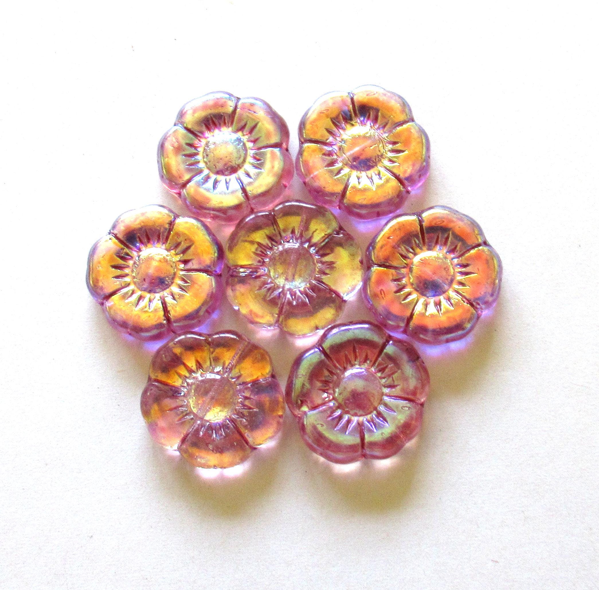 4 large Czech glass flower beads - light amethyst purple w/ ab AB finish on one side - 18mm - 00921
