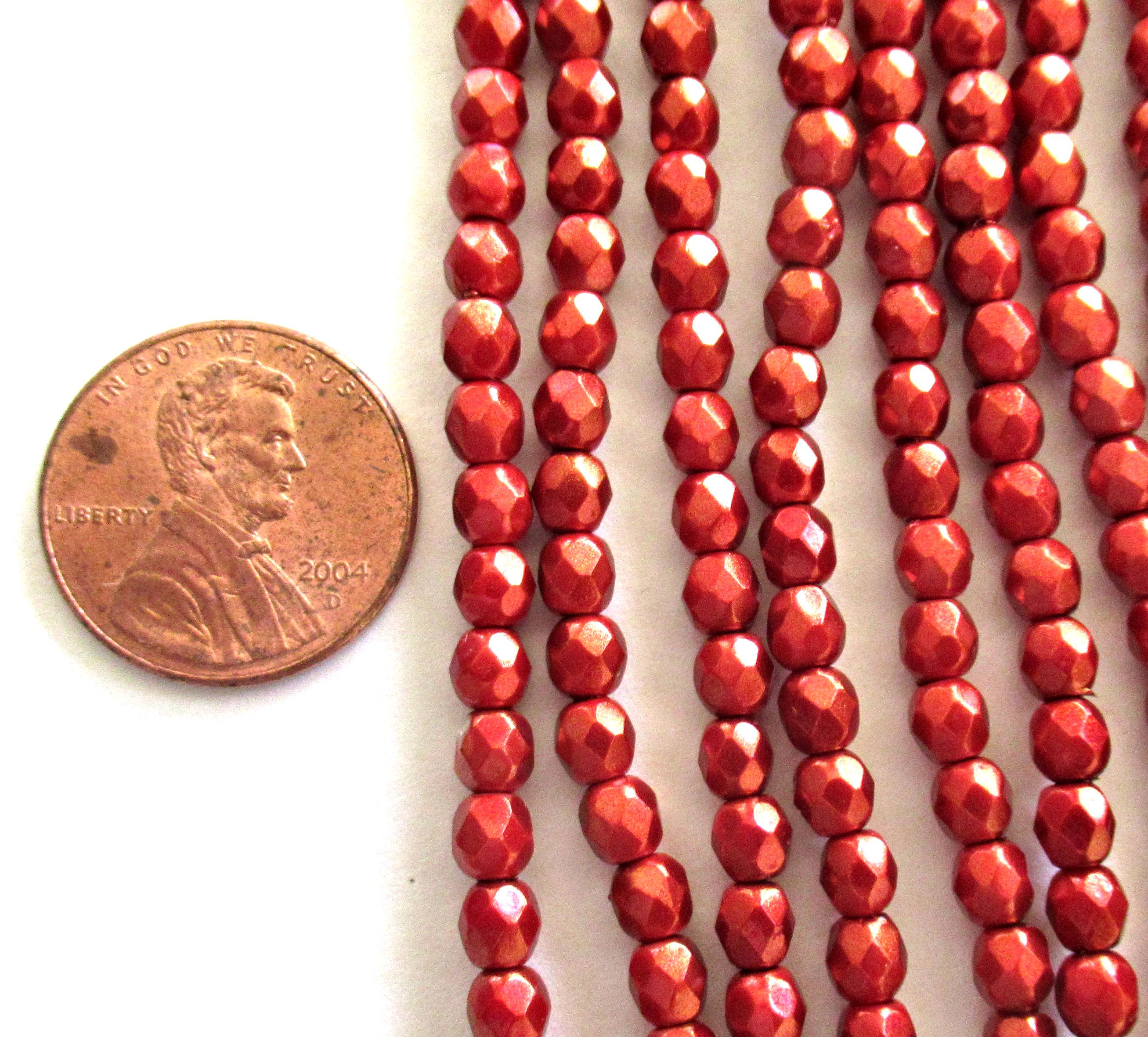 50 4mm Czech glass beads - Halo Ethereal Cardinal Red - fire polished, faceted round beads with a metallic look - C0047