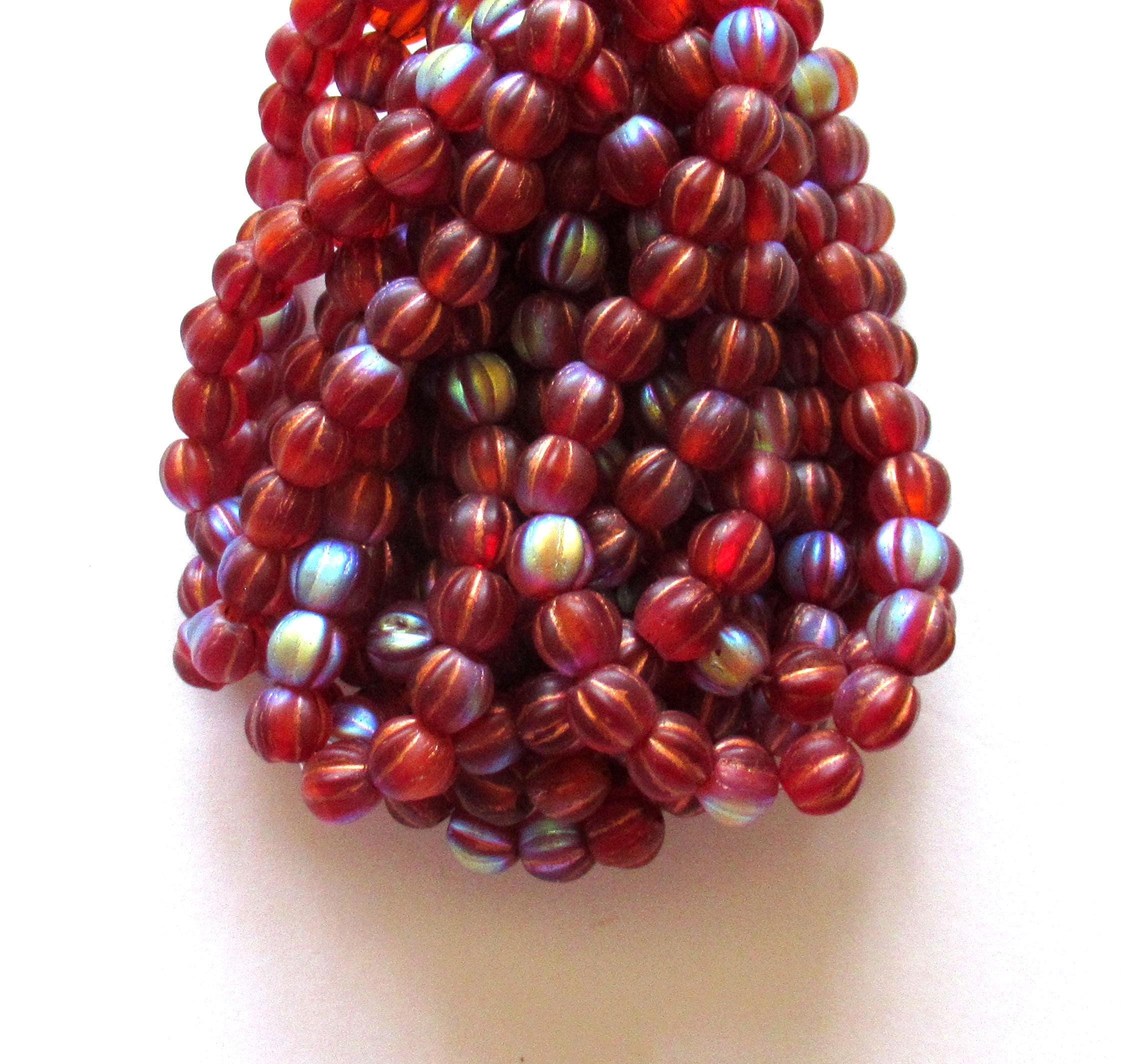 25 6mm Czech glass big hole melon beads - 6mm - matte ruby red ab with a copper wash - C00601