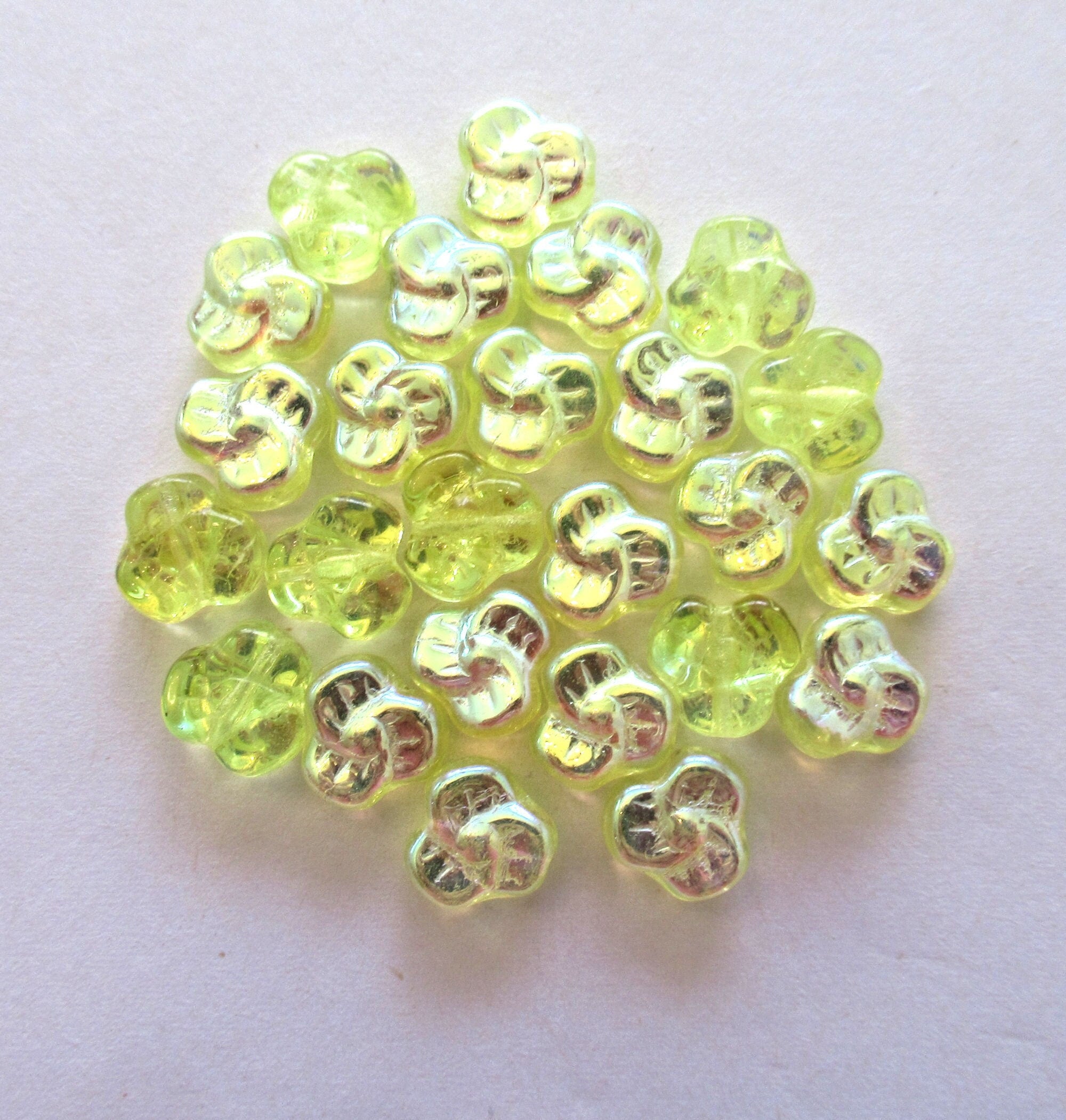25 Czech glass pansy beads - 9 x 4mm jonquil ab yellow pressed glass flower beads - C0009