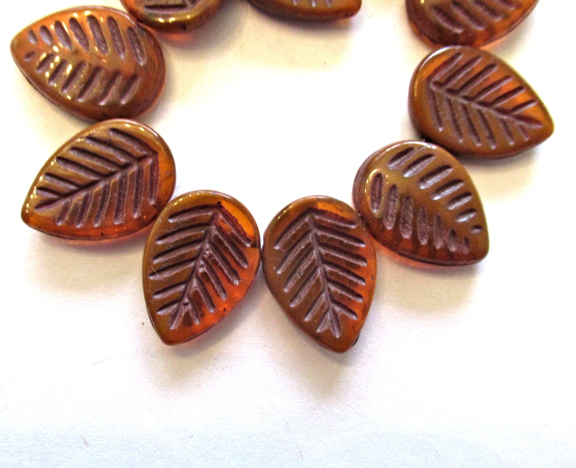 Ten large Czech glass leaf beads - side drilled - translucent burnt sienna / orange / brown beads - 12 x 16mm carved beads C00331