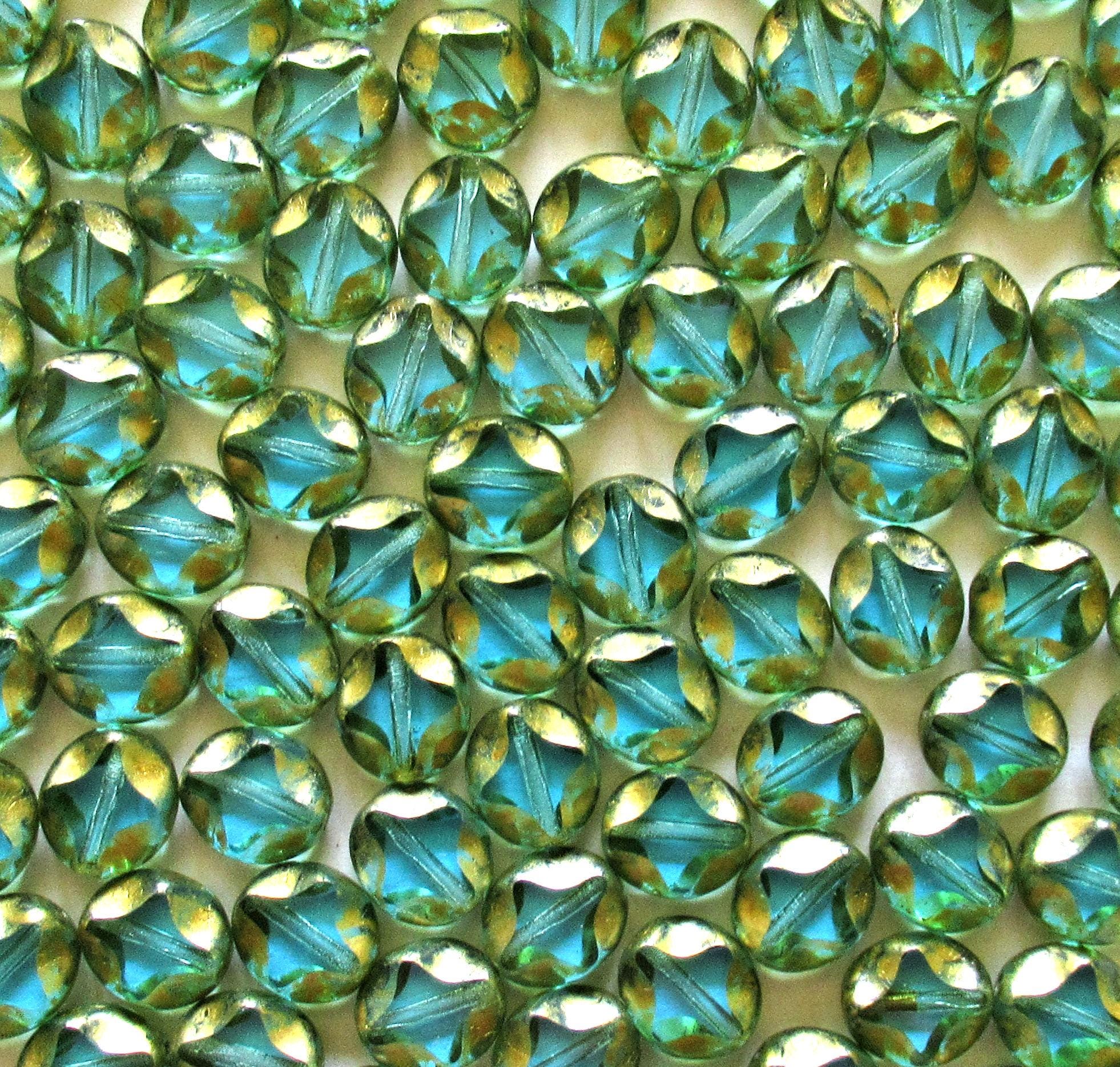 10 Czech glass oval beads - 9 x 8mm - light teal blue green w/ gold picasso accents - carved table cut beads with a diamond pattern - C0121