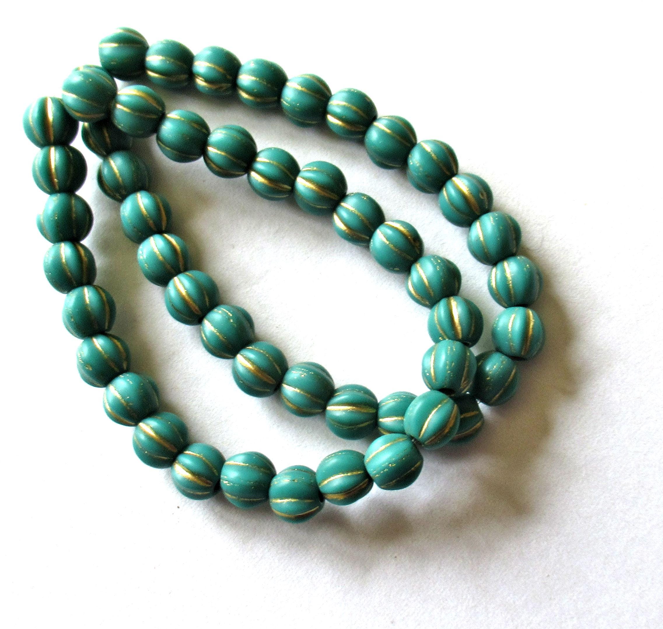 25 Czech glass melon beads - 6mm - opaque dark turquoise green with gold accents - C00601