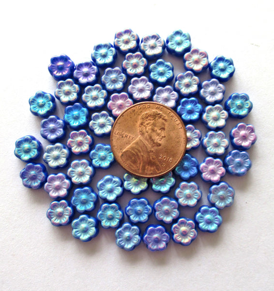 25 6mm small Czech glass flower beads - opaque royal blue with a rainbow ab finish on both sides - pressed glass floral beads - C0068