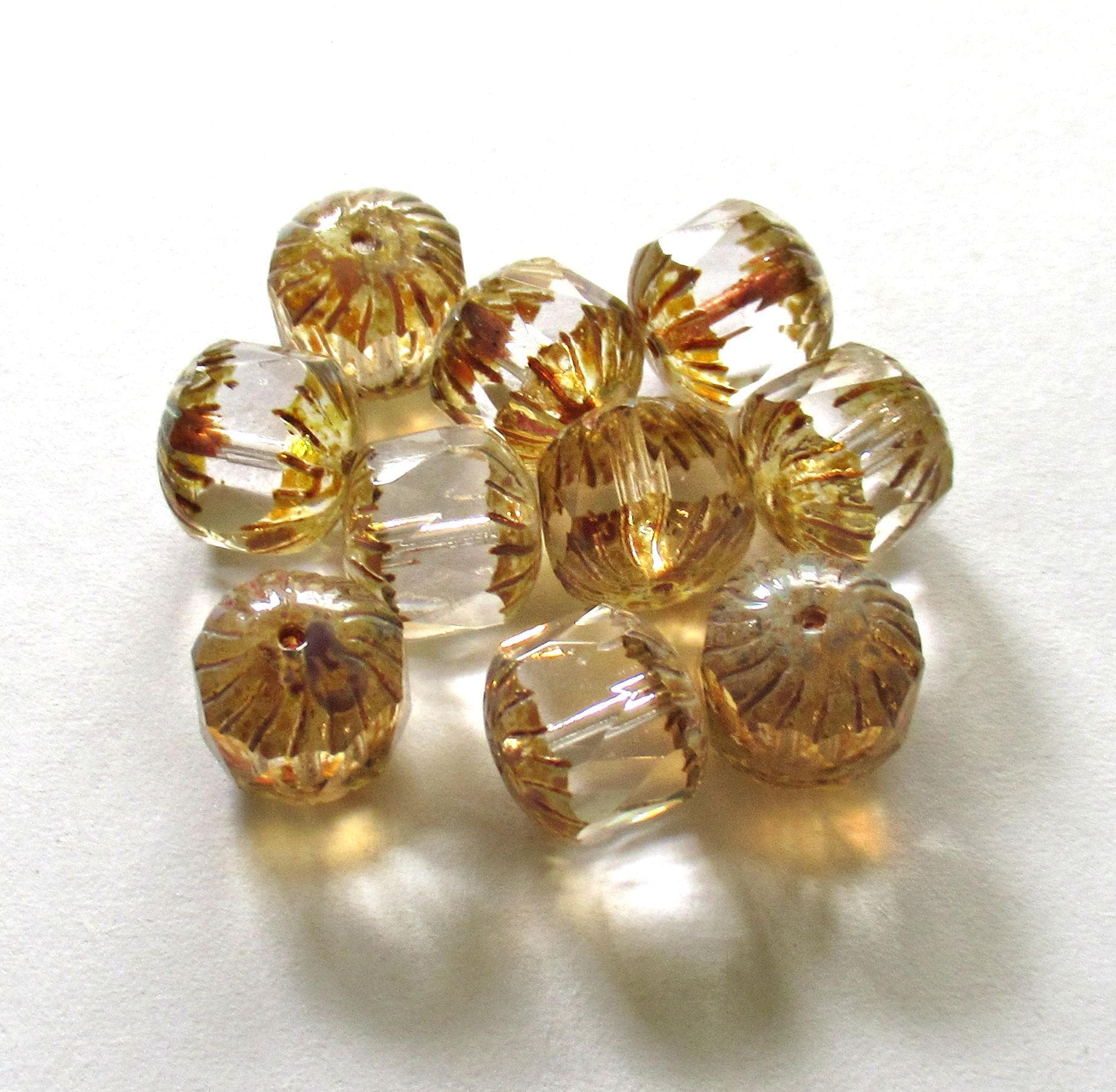 Ten Czech glass faceted carved cruller beads - 10mm - crystal clear picasso - cathedral beads - 00004
