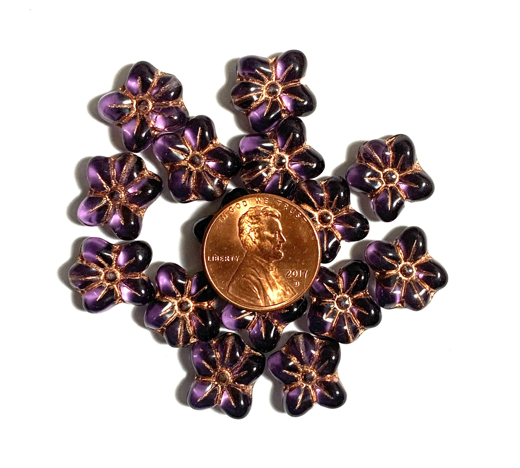 Ten Czech glass flower beads - amethyst purple with copper accents - 14 X 12mm - asymmetrical pressed glass flowers - C0921