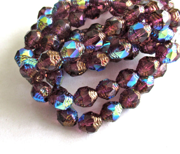 15 Czech glass mini antique style oval beads - 8 x 6mm amethyst purple ab beads with bronze accents - faceted fire polished beads - C00191