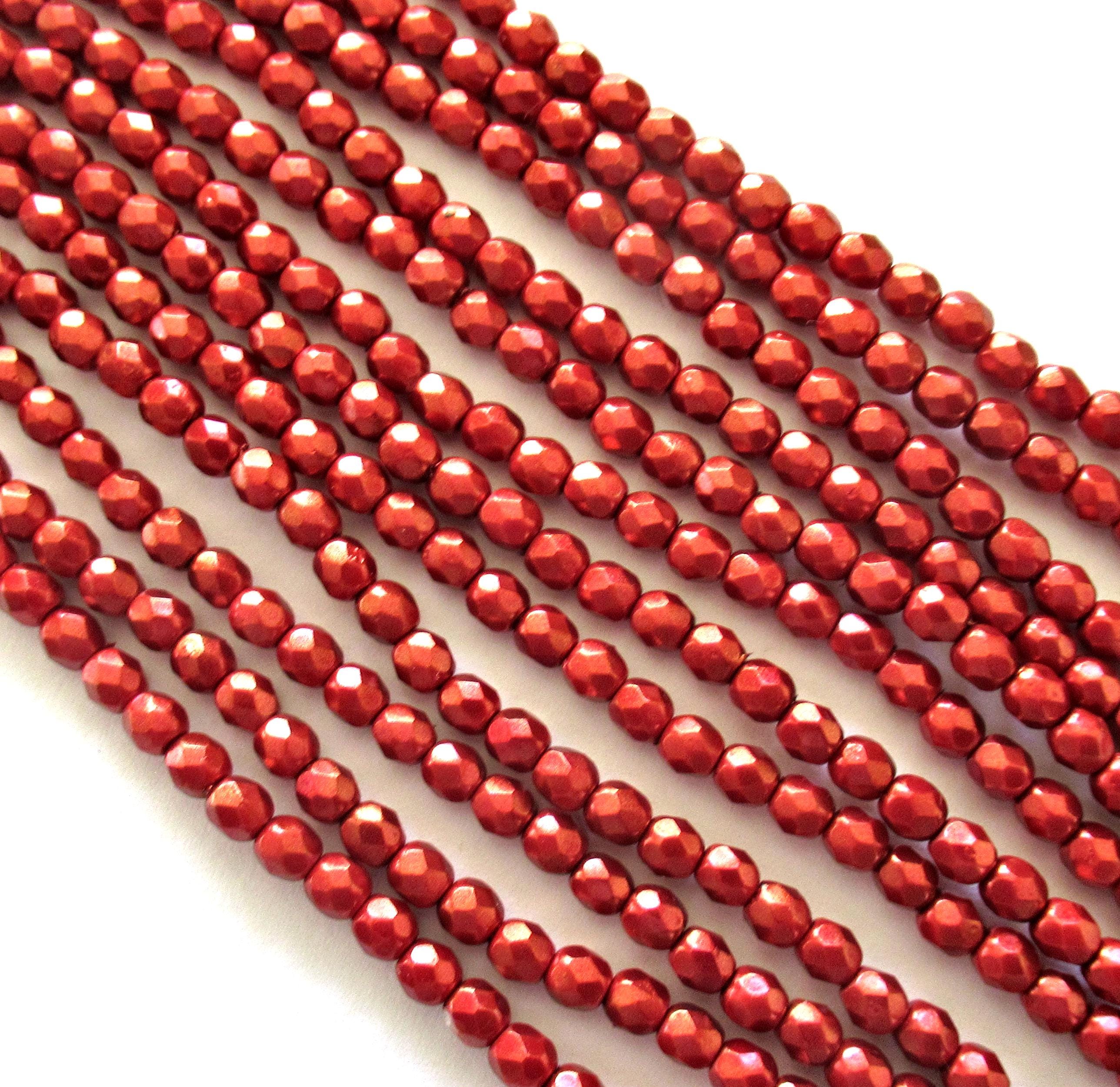 50 4mm Czech glass beads - Halo Ethereal Cardinal Red - fire polished, faceted round beads with a metallic look - C0047