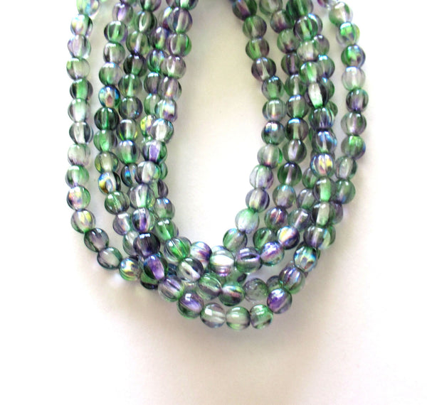 25 6mm Czech glass melon beads - green & purple mix pressed glass beads - C0084