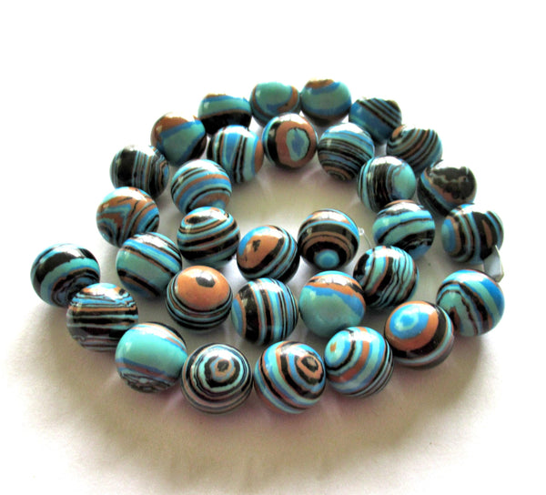 12mm Calsilica blue smooth round beads - synthetic semiprecious gemstone beads - blue, black brown druks - 10 beads - 00053