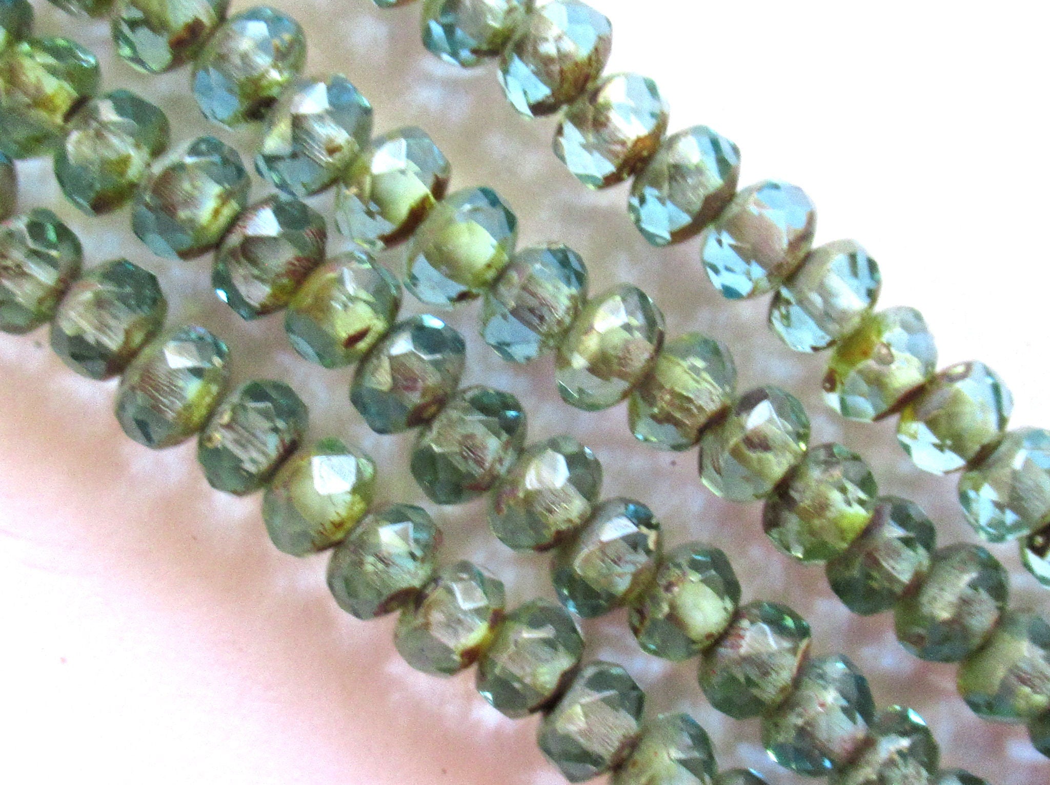 38 small Czech glass puffy rondelle spacer beads - 3 x 5mm faceted aqua blue picasso rondelles C0036