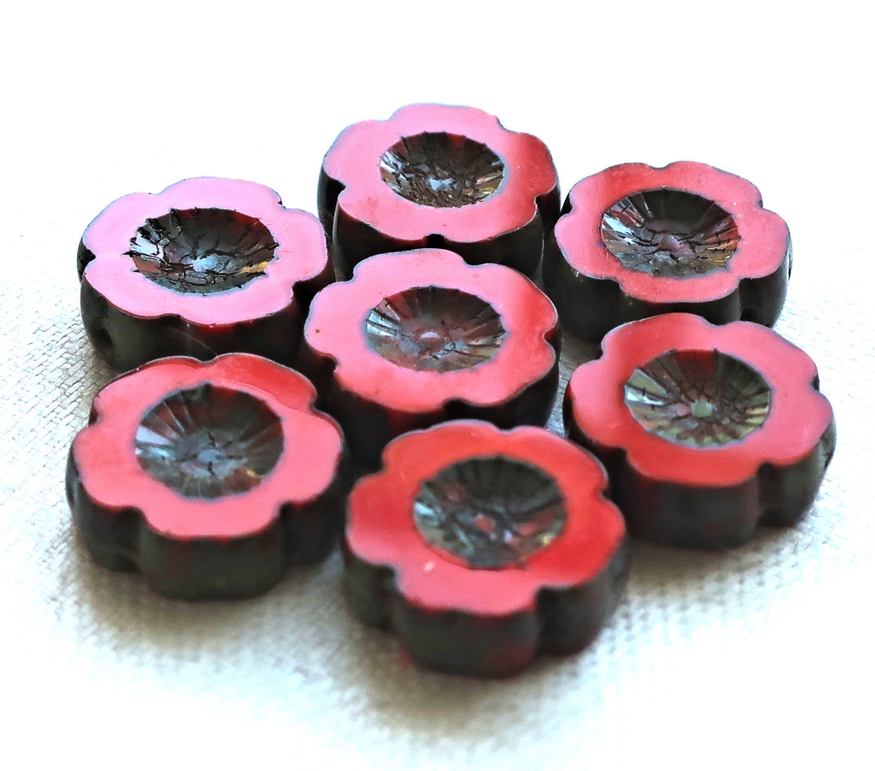 Five 5 Czech glass flower beads. 14mm table cut, carved, opaque bright coral red picasso Czech glass Hawaiian flower beads C00105 - Glorious Glass Beads
