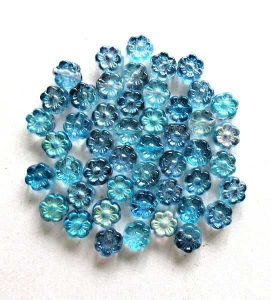 25 6mm small Czech glass flower beads - transparent blue mix with an ab finish - pressed glass floral beads - C0068