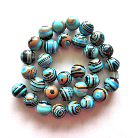 12mm Calsilica blue smooth round beads - synthetic semiprecious gemstone beads - blue, black brown druks - 10 beads - 00053