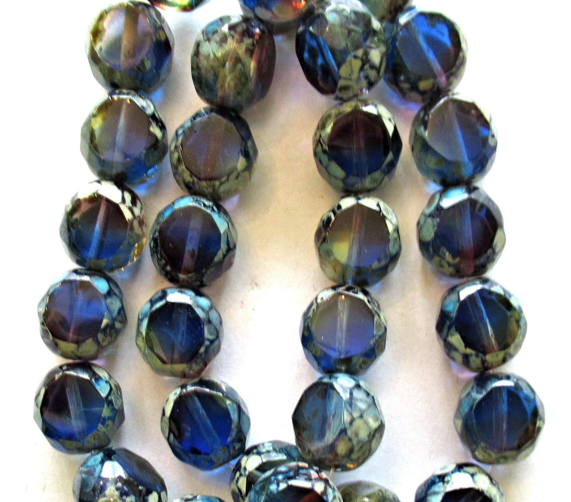 Six 12mm dual faceted table cut Czech glass beads - two tone blue w/ picasso accents - 2 cut window beads - chunky statement beads = 00081