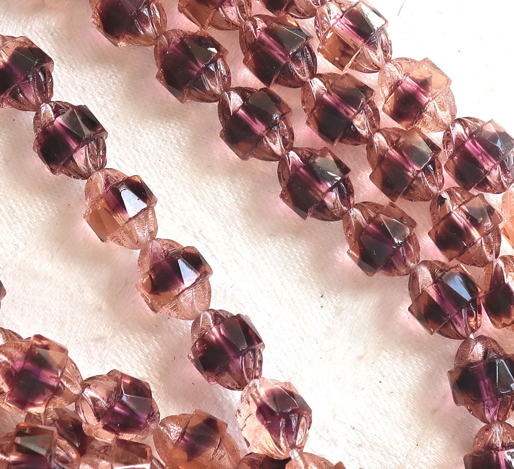 Lot of ten Czech glass antique cut turbine beads, 10 x 8mm transparent purple, amethyst & rosaline pink mix beads 7801