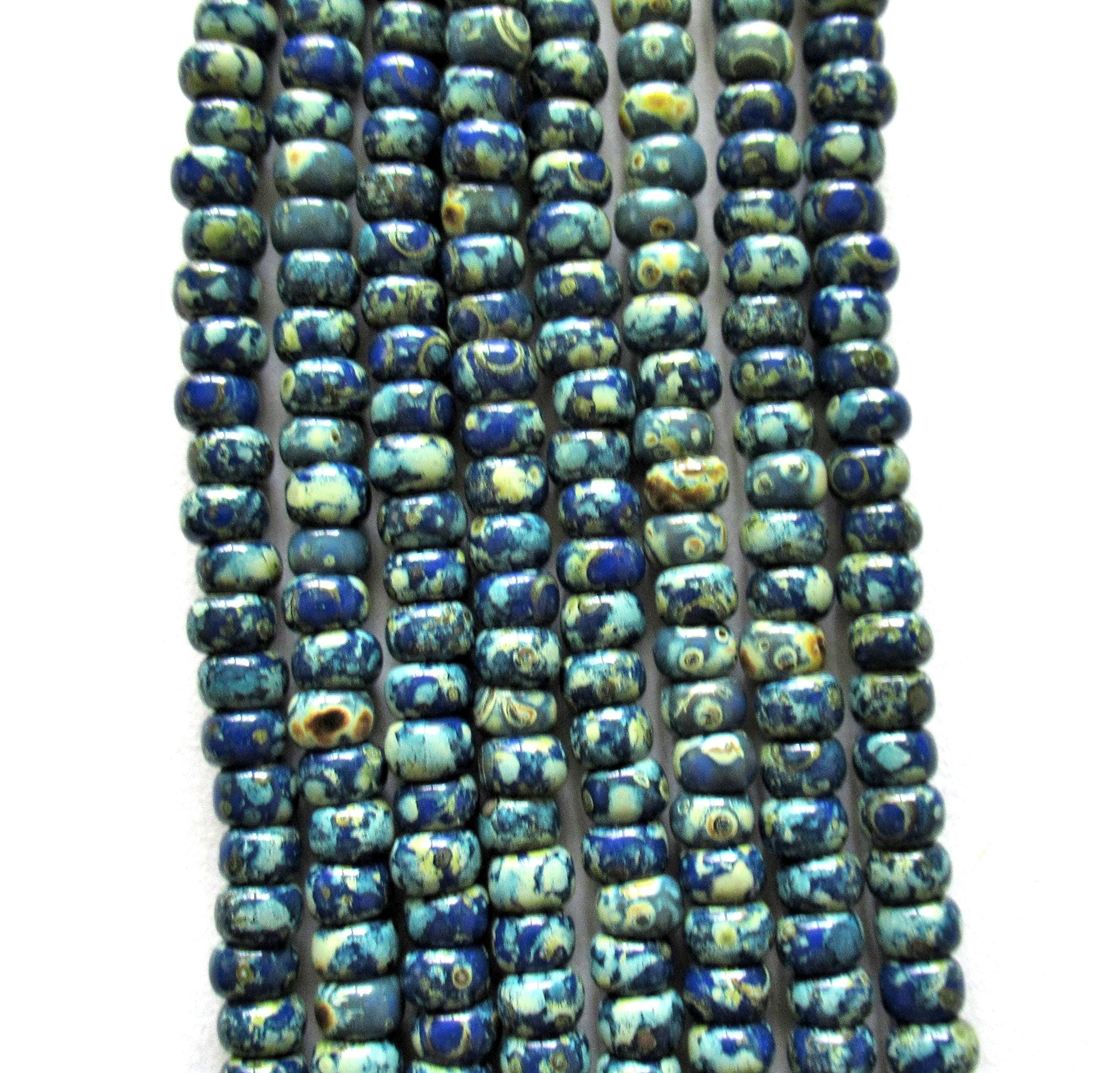 6/0 Czech glass aged seed beads - opaque blue picasso beads - one 24 inch strand - approx 218 beads - C00755