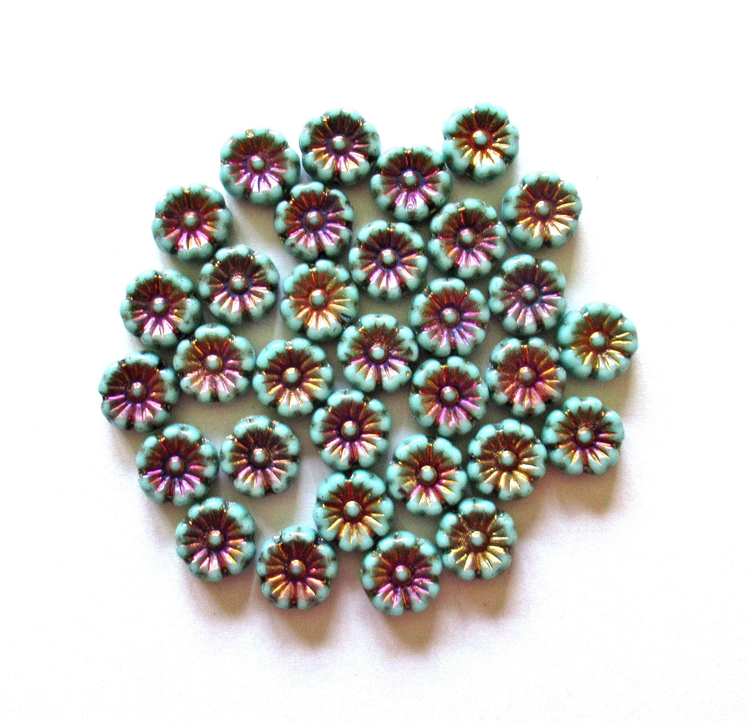 16 Czech glass flower beads - turquoise green w/ multicolored metallic accents - 9mm - C00572