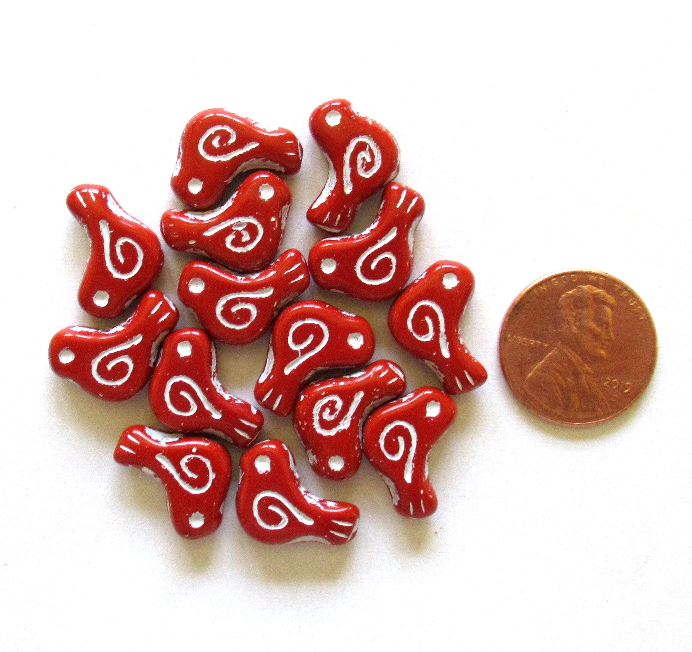 8 Czech glass bird beads - 12 x 16mm - opaque red with a white wash - C0621