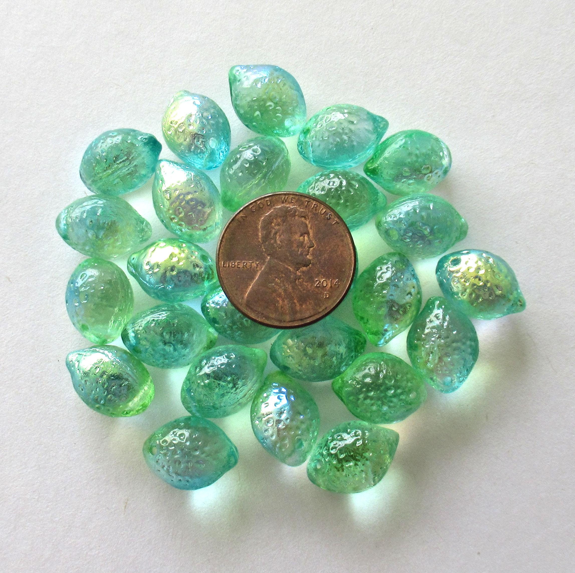 Lemon shaped drop beads - 14 x 10mm - blue green & yellow - side drilled - pressed Czech glass beads - 10 pieces - C00831