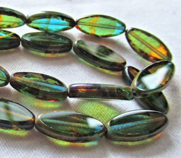 Ten Czech glass spindle beads - transparent amber, green & blue color mix - 18 x 7mm table cut almond shaped tube beads C08101