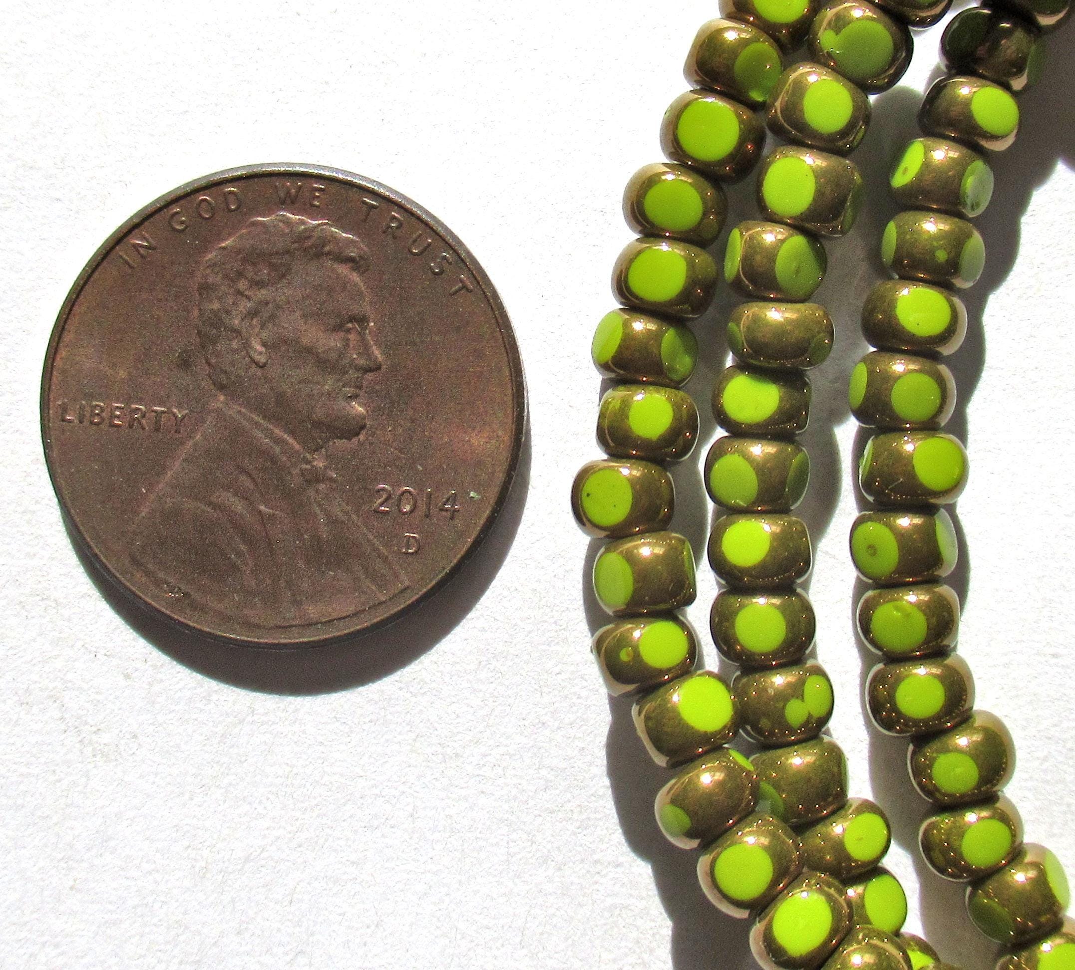 Fifty 6/0 tri cut faceted Czech glass seed beads -opaque avocado green with bronze accents - C00331