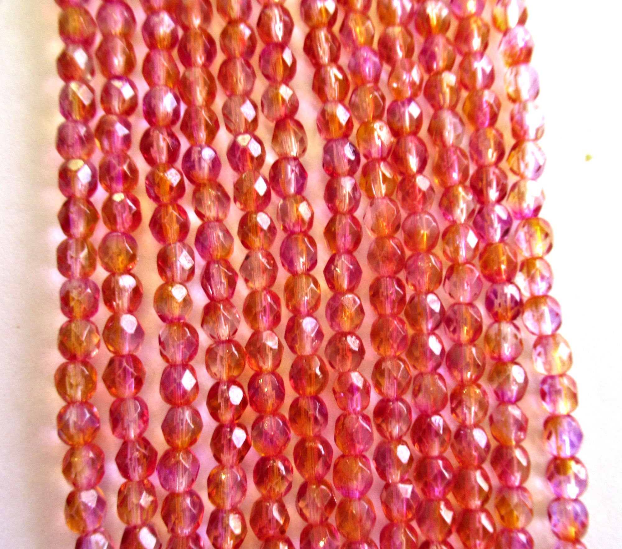 50 4mm Czech glass beads - fuchsia lemon dual coated pink & yellow / orange - faceted round fire polished beads 0038