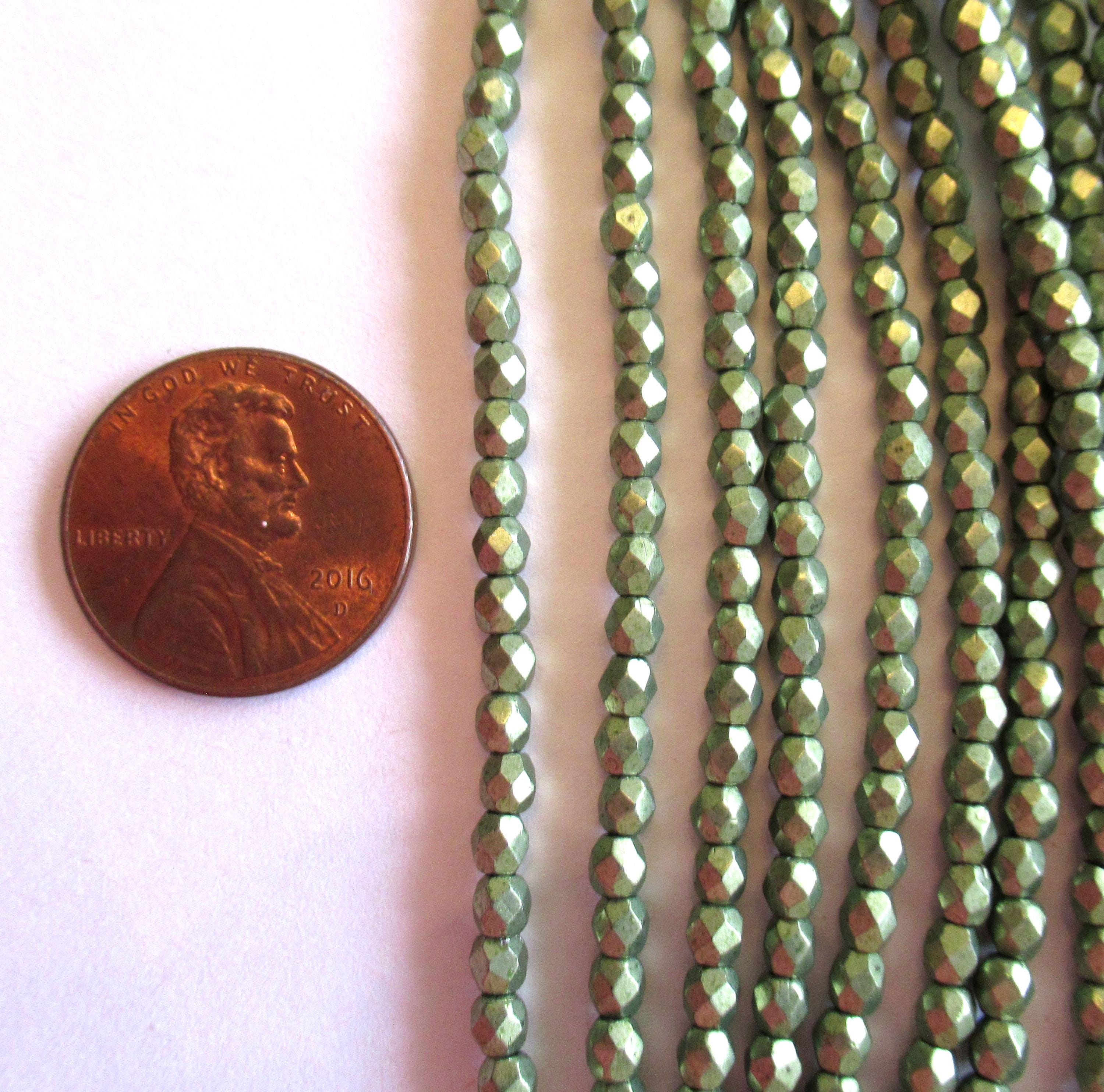 50 3mm Czech glass sage green beads - saturated metallic Greenery - fire polished faceted round beads - C0043