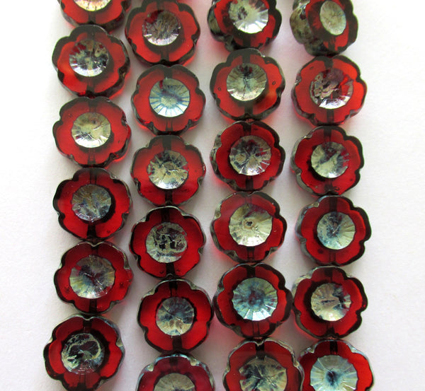Six 14mm Czech glass flower beads - transparent garnet ruby red picasso beads - table cut & carved Hawaiian hibiscus floral beads - C00021
