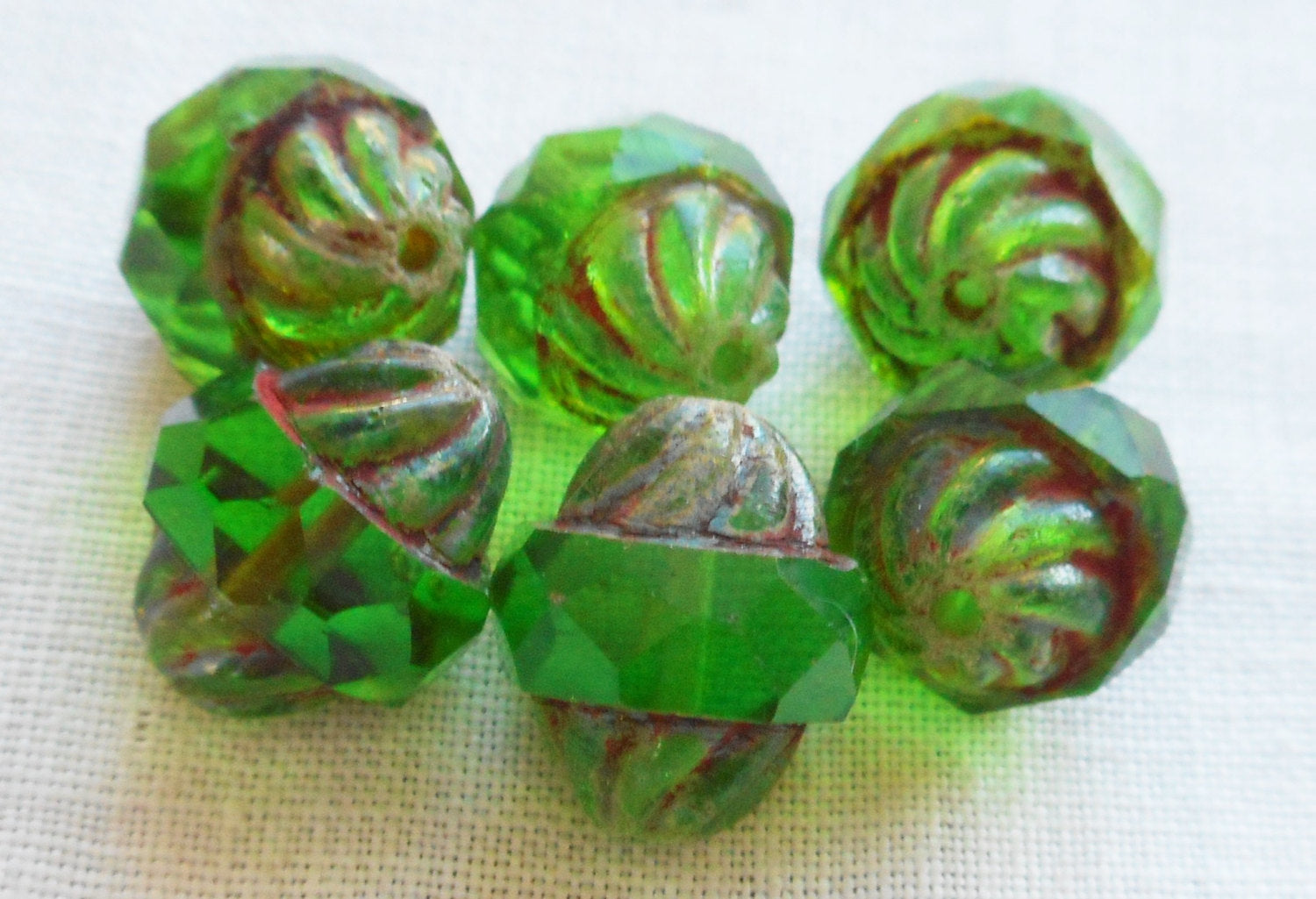 Ten 11 x 10mm Czech glass turbine beads, Pierdot or Light Emerald Green with a Picasso finish, saturn beads C80101