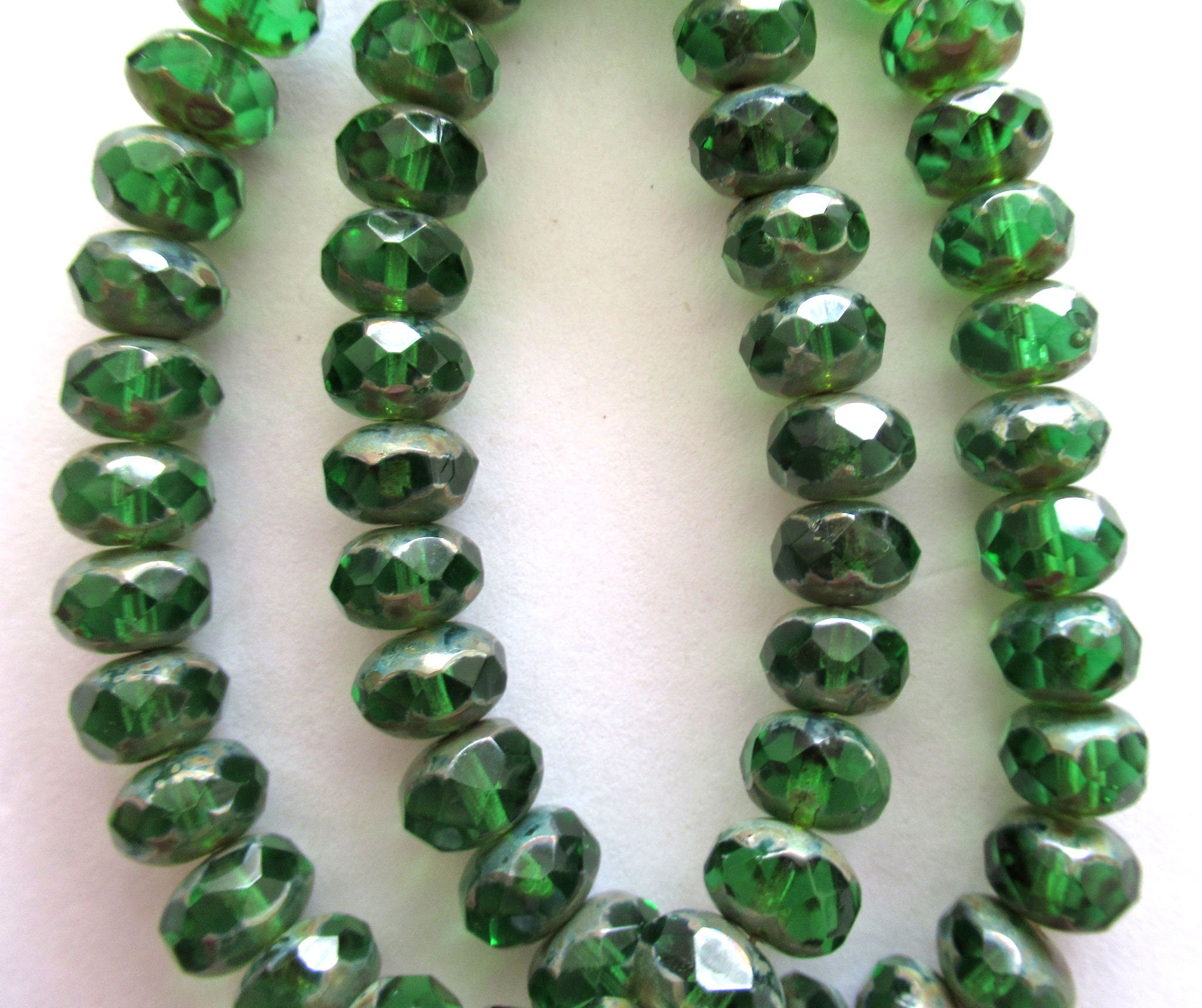 Lot of 30 6 x 9mm Czech glass puffy rondelle beads - transparent emerald green picasso faceted, fire polished puffy rondelles 00091