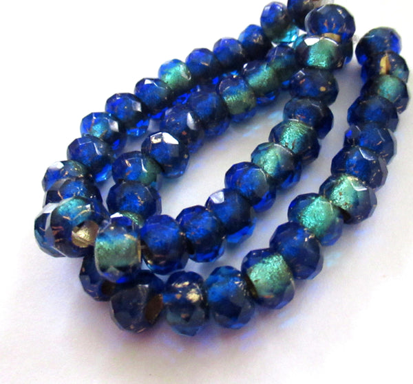 Ten faceted Czech glass roller or rondelle beads - sapphire & aqua blue gold lined - 9 x 6mm - big 3mm holes - big hole donut beads 00911