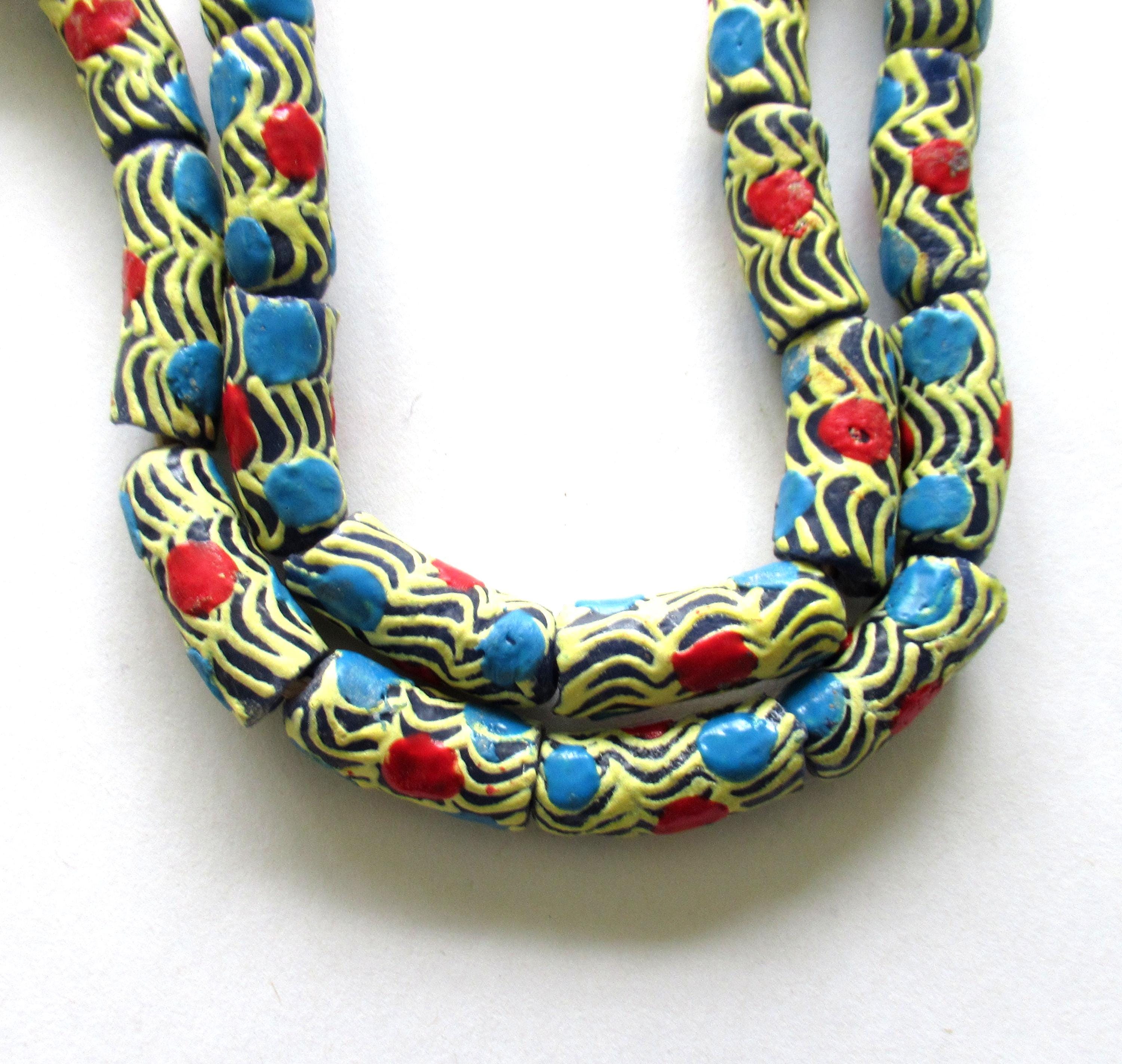 5 African Ghana glass curved tube beads - blue beads w/ a blue red & yellow pattern- 27 - 23mm by 9 - 11mm - big hole beads - C00861
