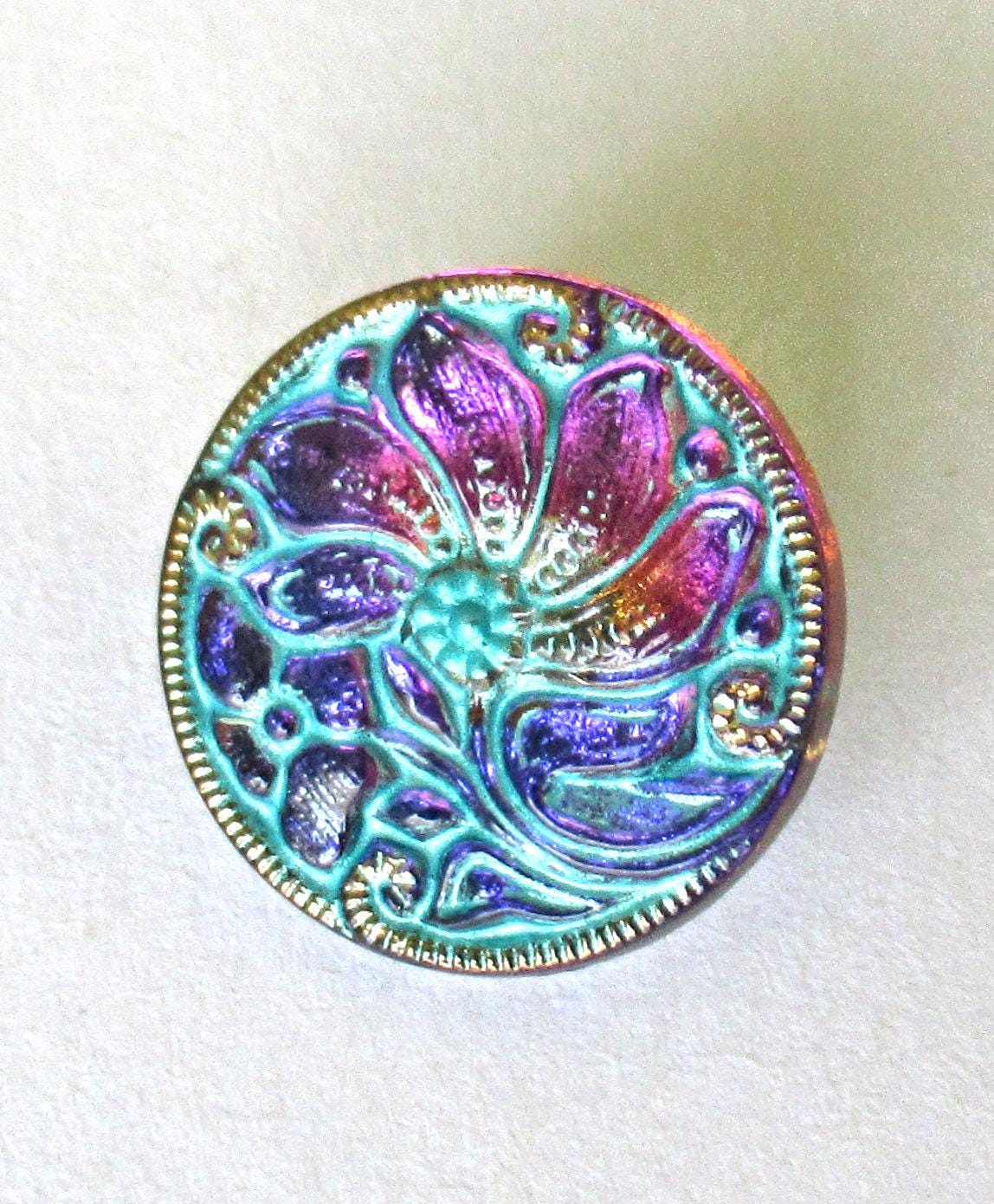 One 18mm Czech glass flower button - iridescent purple & pink flower w/ blue wash and gold accents - decorative floral shank button - 00833