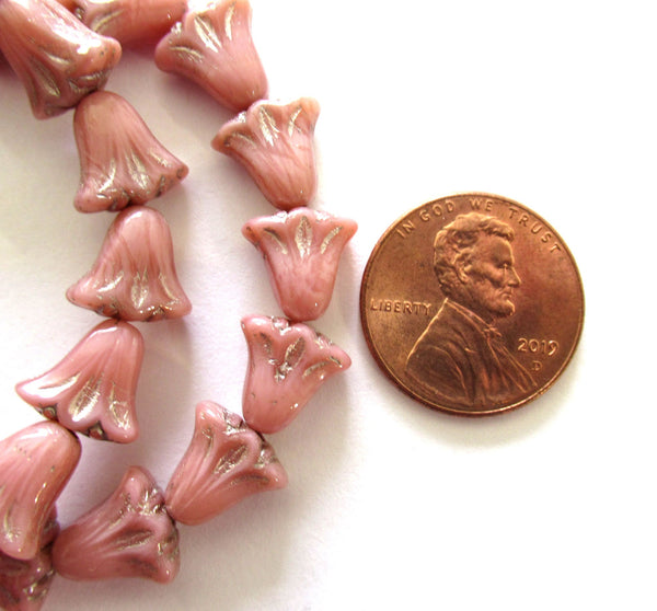 15 Czech glass flower beads - 9 x 10mm opaque pink silk with a silver wash - lily flower beads C00071