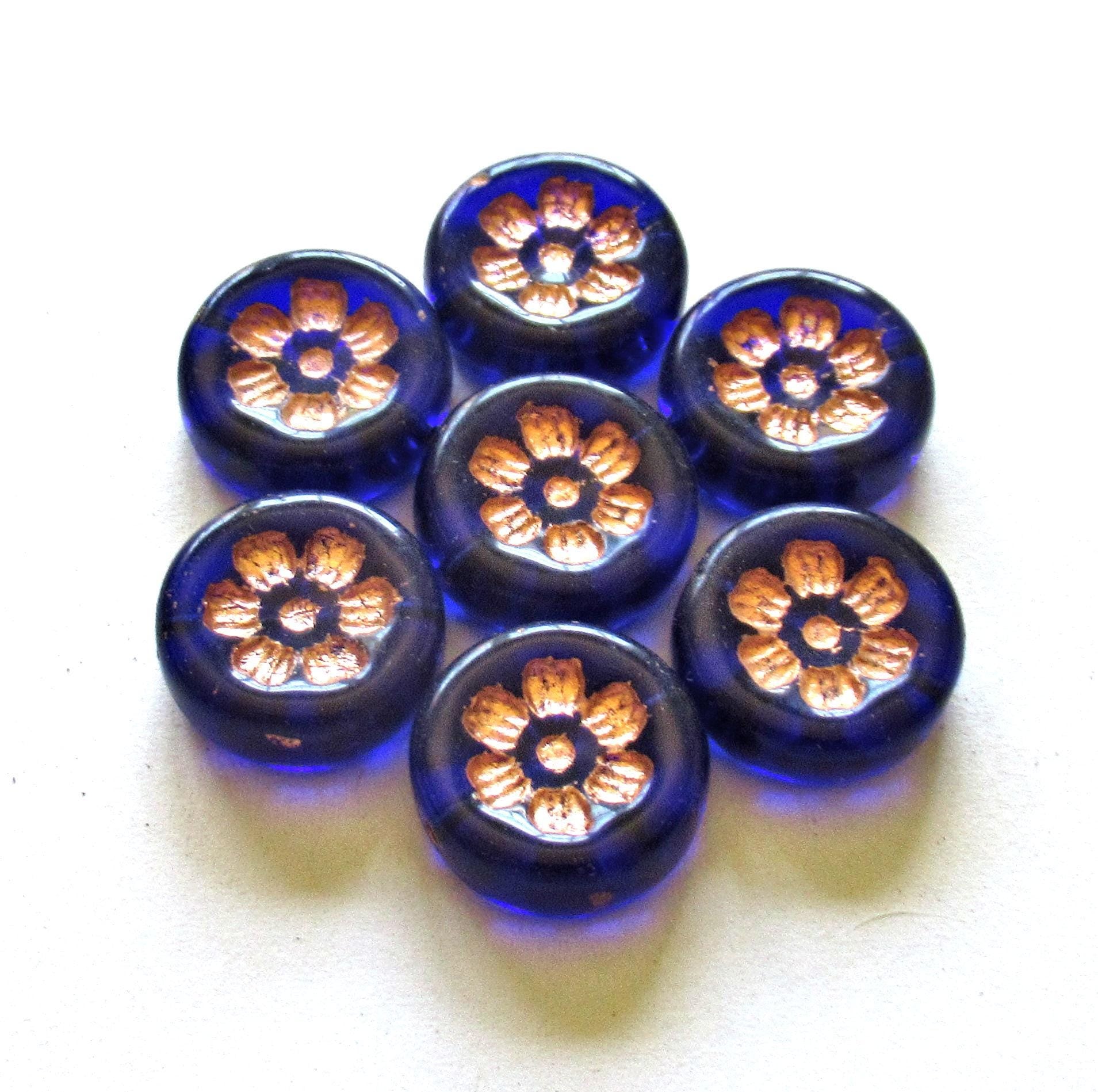 Six 16mm Czech glass flower beads - cobalt blue beads w/ copper accents - thick floral coin beads - C00491