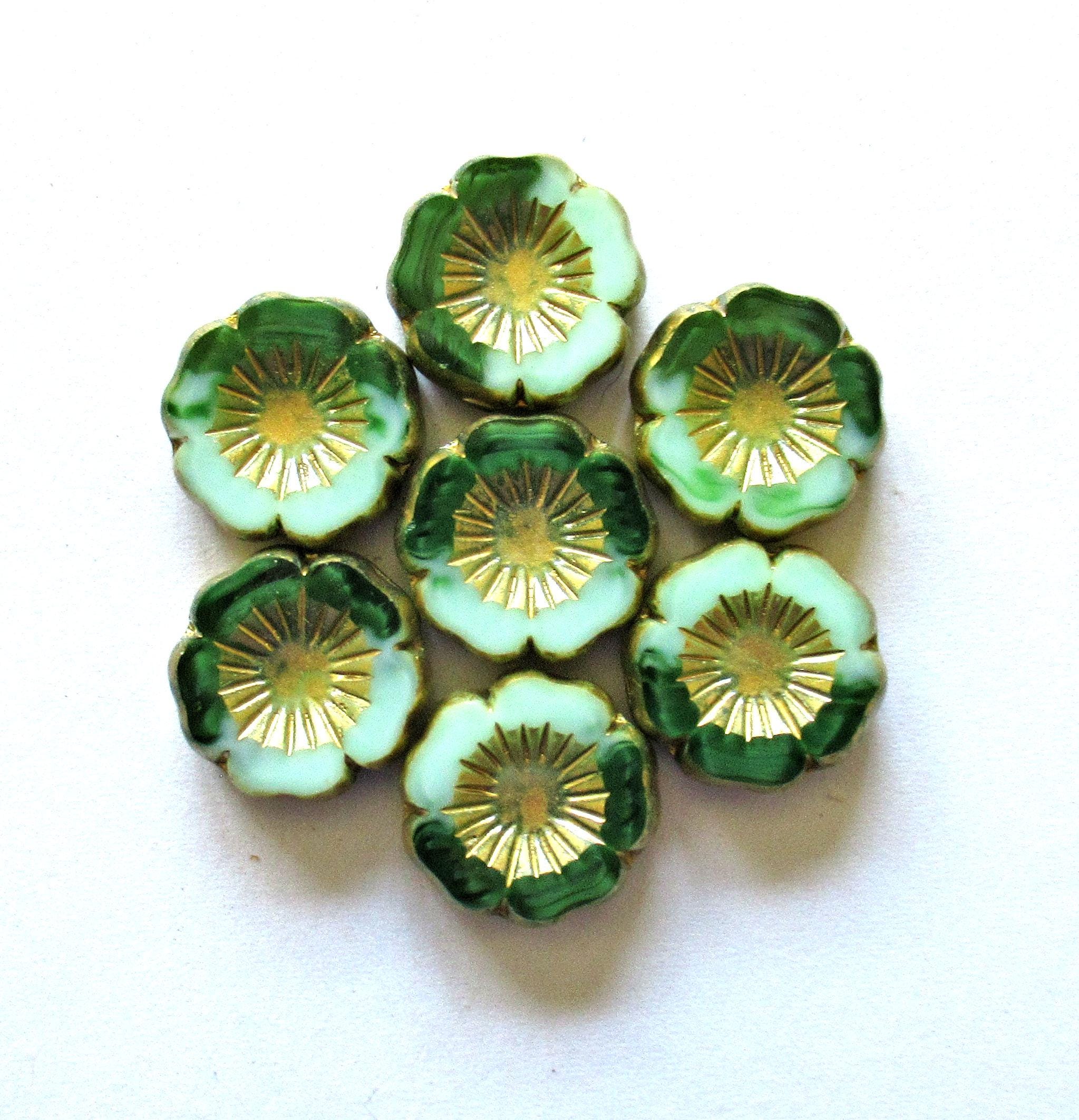 Five large Czech glass flower beads - 16mm - green mix vaseline glass - table cut & carved - Hawaiian hibiscus flowers - C00522