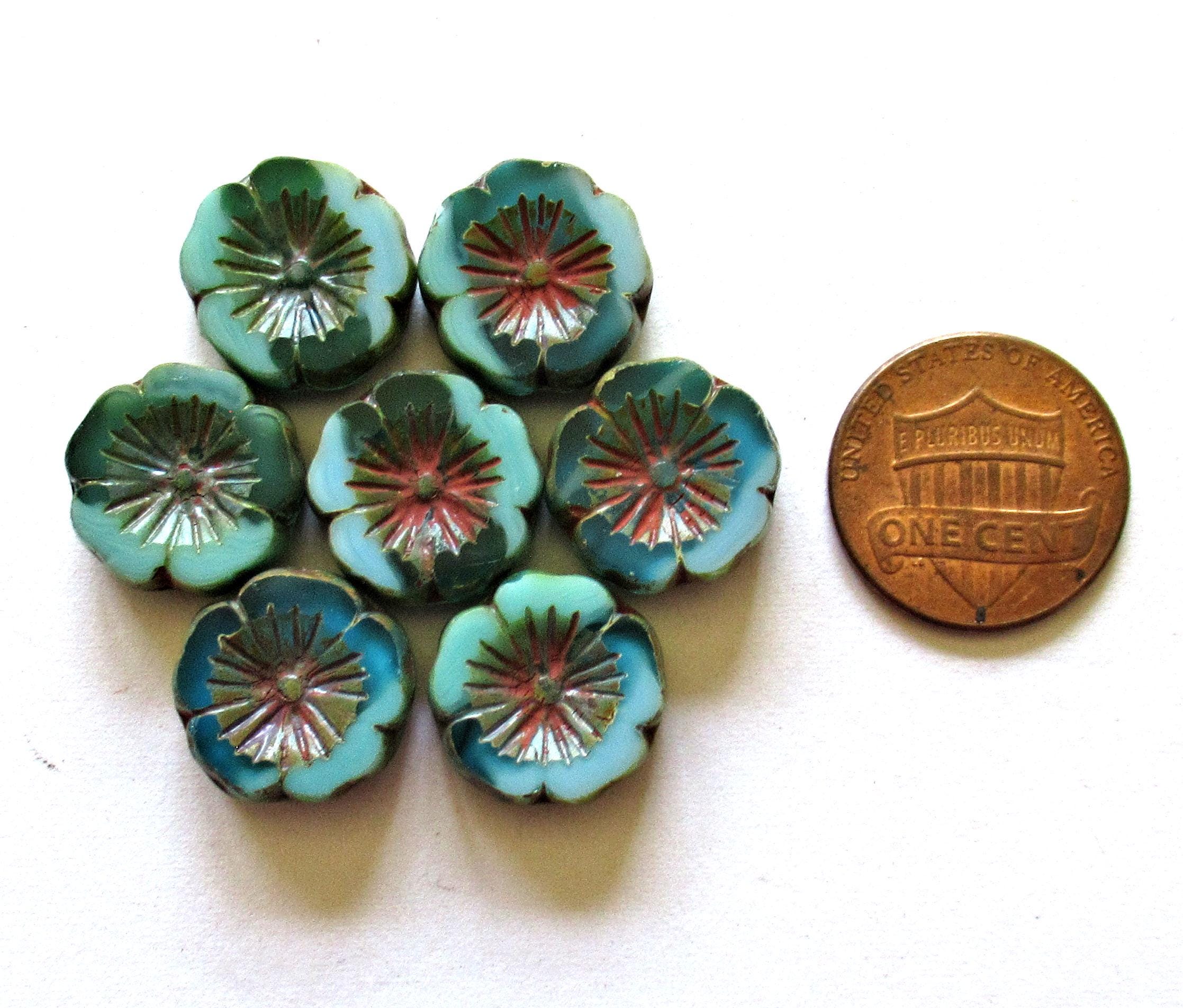 Six 14mm Czech glass flower beads - opaque blue & green picasso - table cut carved Hawaiian hibiscus Flower beads - C00042