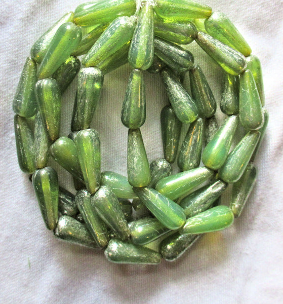 Lot of ten Czech glass teardrop beads - translucent green opal with a silvery mercury finish - 6 x 15mm elongated tear drops 82106