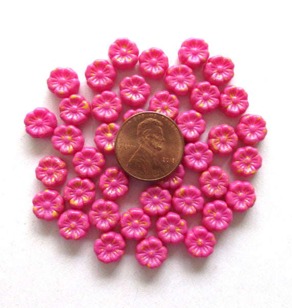 15 Czech glass flower beads - 8mm - opaque matte pink with orange accents - Hawaiian hibiscus flower beads - C00501