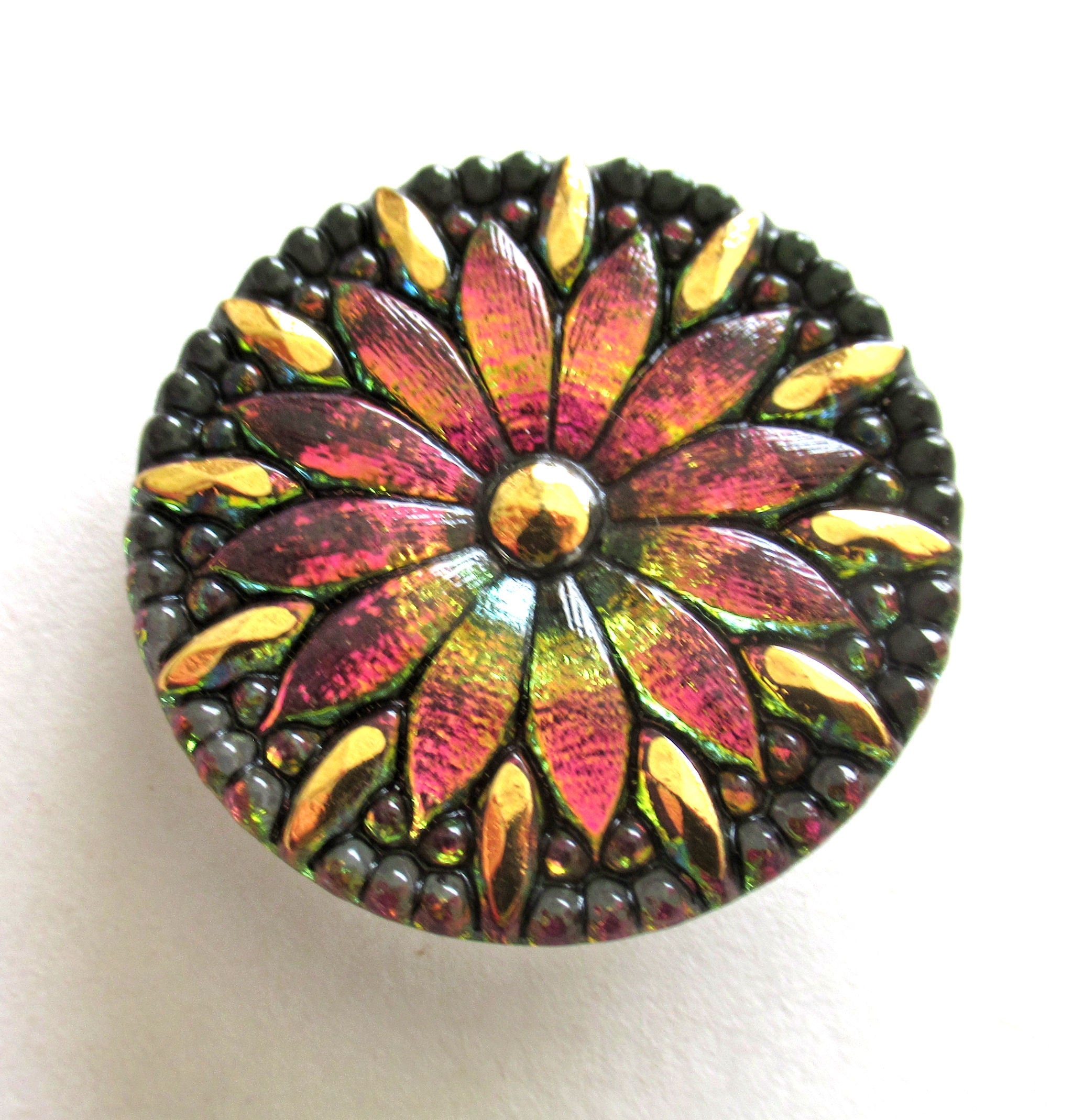 One 30mm Czech glass daisy flower button - iridescent pink yellow / orange button with gold accents - floral decorative shank buttons 00163