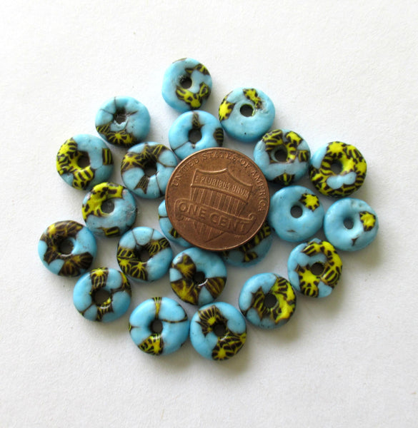 15 African recycled glass rondelle spacer beads - blue yellow & black beads - 10 to 11mm by 3.5mm thick - big hole - rustic beads - 00521